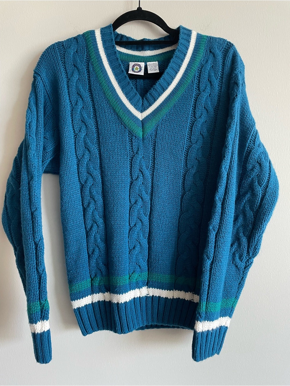 Vintage Buckingham Quality Sport V Neck Sweater Blue White Tennis Prep Varsity L
